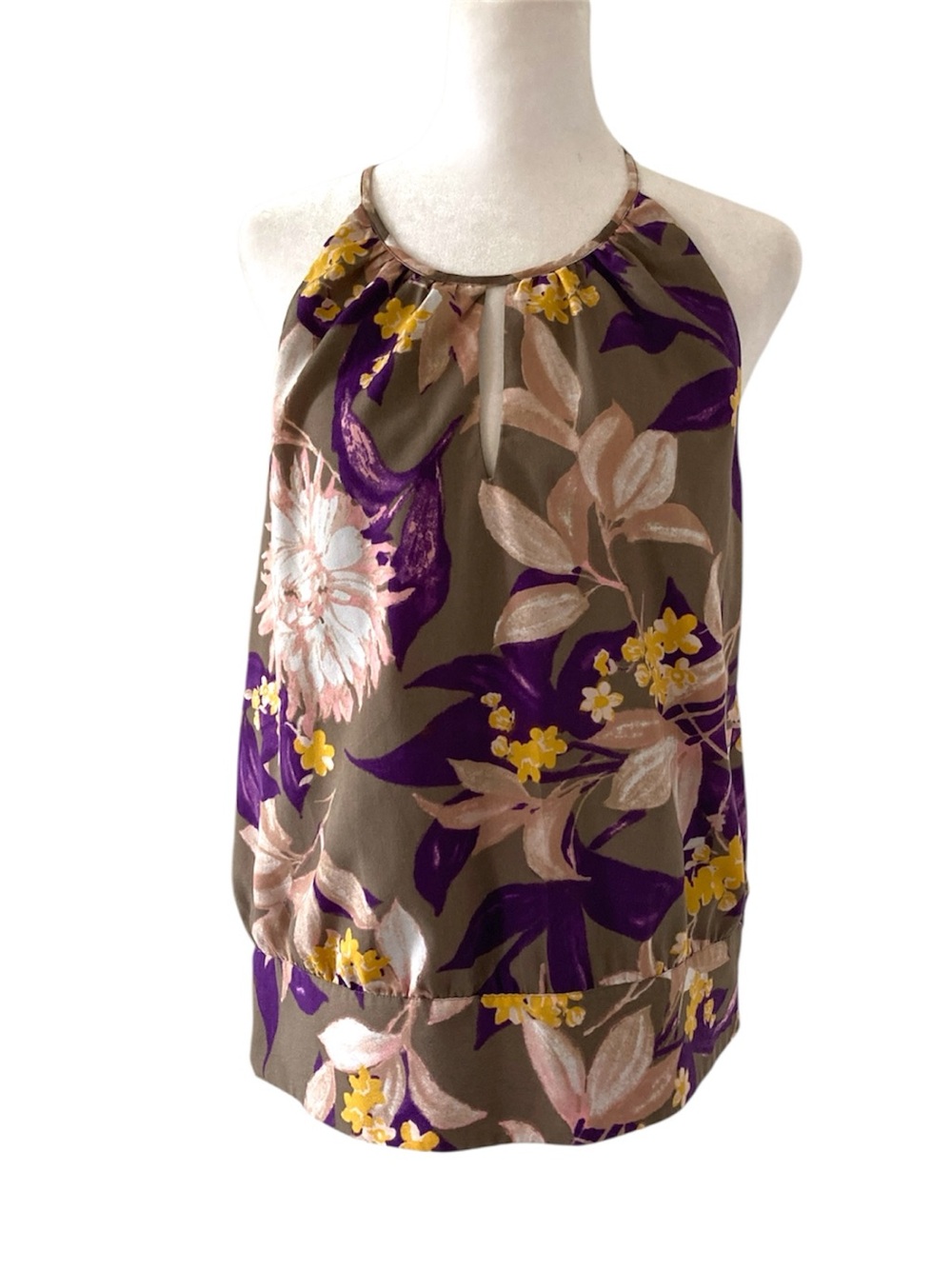 Ann Taylor Factory Medium Taupe Floral Halter Camisole with Purple Accents